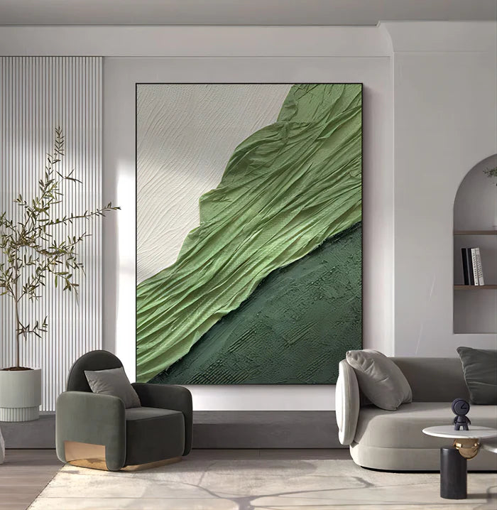 White & Green Plaster Art Minimalist Textured Painting #WM044