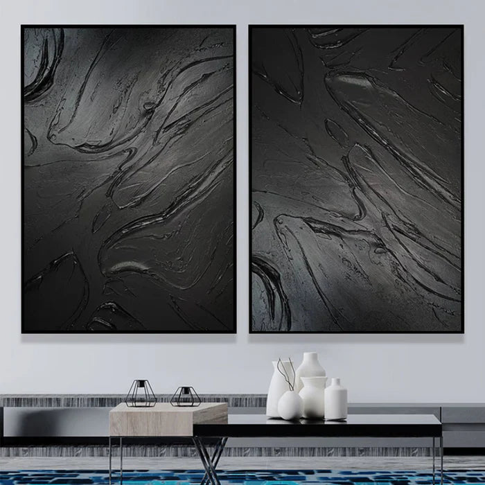 Black Plaster Art Minimalist Textured Painting Set of 2 #BM028