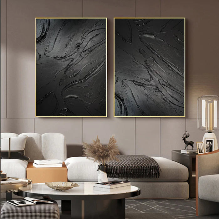 Black Plaster Art Minimalist Textured Painting Set of 2 #BM028